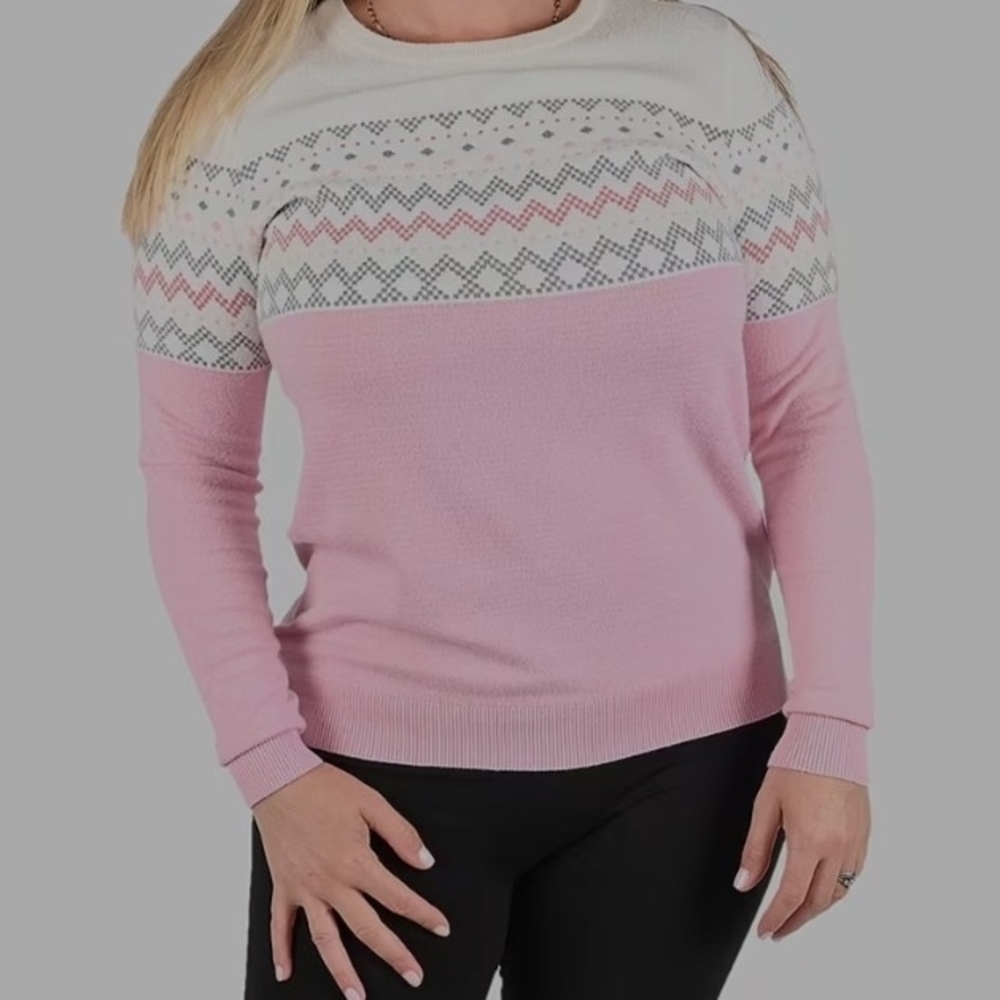 Tamsy Pink and Cream Knit Round Neck Sweater with Chevron Pattern 